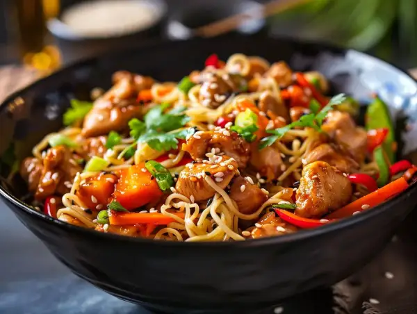 En läcker kyckling wok med nudlar, grönsaker och sesamfrön i en svart skål.