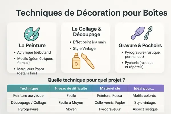 Tableau comparatif des techniques de décoration pour boîtes en bois : peinture, collage, gravure. Une idée décoration boite en bois pour chaque style.