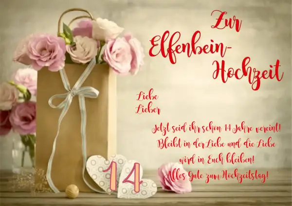 Elfenbein-Hochzeit nach 14 Jahren! Ein Strauß rosa Rosen und Herzen schmücken die Karte. Möge die Liebe ewig währen.