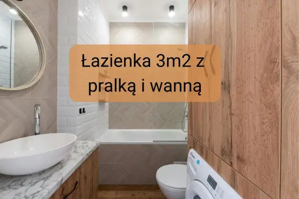Nowoczesna łazienka 3m2 z pralką i wanną. Jasne płytki, drewniane akcenty i owalne lustro tworzą przytulny pomysł na łazienkę z wanną.