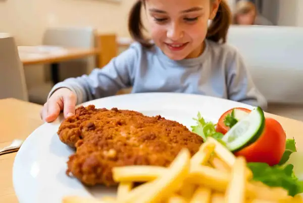 Niña sonriente mira un plato con una jugosa milanesa de ternera, papas fritas y ensalada.