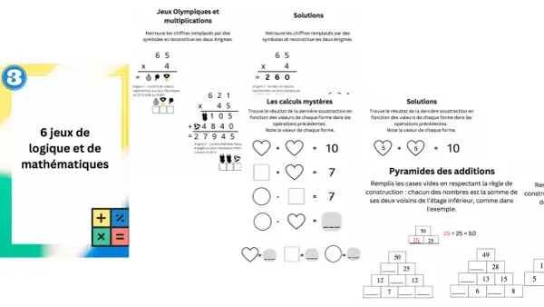Concentration jeux de logique à imprimer : énigmes mathématiques sur les Jeux Olympiques et calculs mystères.