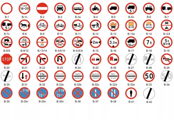 Zbiór znaków drogowych, w tym zakazy, nakazy, ostrzeżenia i informacyjne. Każdy znak drogowy ma swój numer.