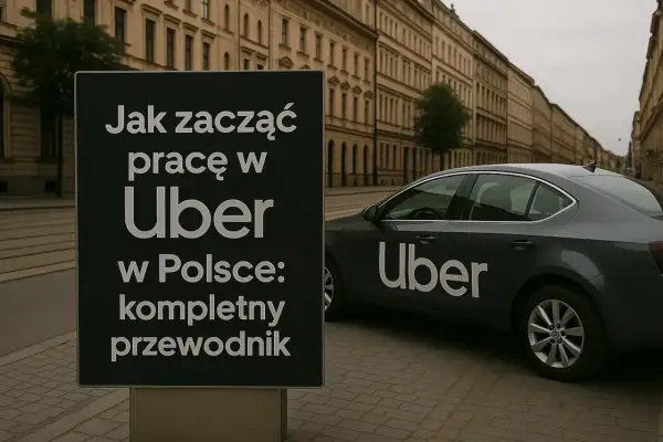 Tablica informuje, jak zostać kierowcą Ubera w Polsce. Obok stoi ciemny samochód z logo Uber.