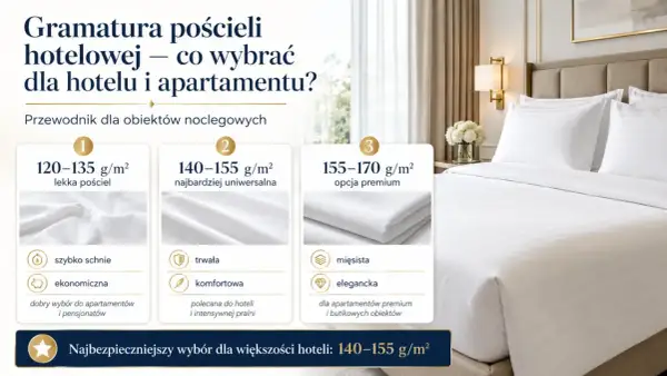 Przewodnik po gramaturze pościeli hotelowej: lekka (120-135 g/m²), uniwersalna (140-155 g/m²) i premium (155-170 g/m²).