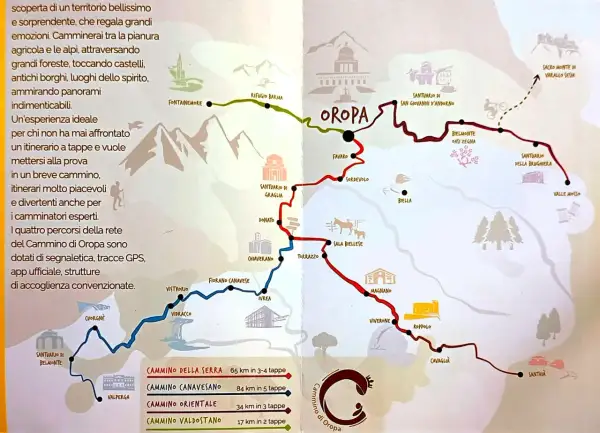 Mappa illustrata del Cammino di Oropa, con percorsi, santuari e borghi. Un viaggio tra natura e spiritualità.