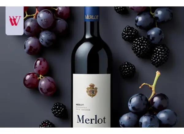 Butelka wina Merlot, otoczona ciemnymi winogronami i jeżynami. To wino, które zachwyca owocowym aromatem.