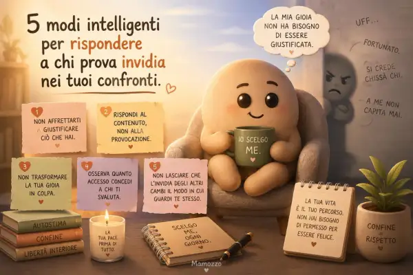 5 modi per rispondere a chi ti fa sentire sbagliata: non giustificarti, rispondi al contenuto, non trasformare gioia in colpa, osserva chi svaluta, non farti cambiare dall'invidia altrui.