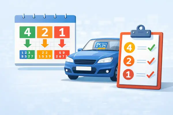 El coche azul listo para pasar la ITV, con un calendario y una lista de verificación. ¡Asegúrate de que todo esté en orden cuando tengo que pasar la ITV!