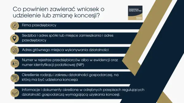 Wniosek o koncesję wymaga danych firmy, adresów, numerów identyfikacyjnych, określenia działalności i dokumentów zgodnych z **reglamentacją**.