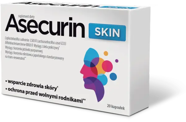 Asecurin Skin to suplement diety wspierający zdrowie skóry i chroniący przed wolnymi rodnikami.