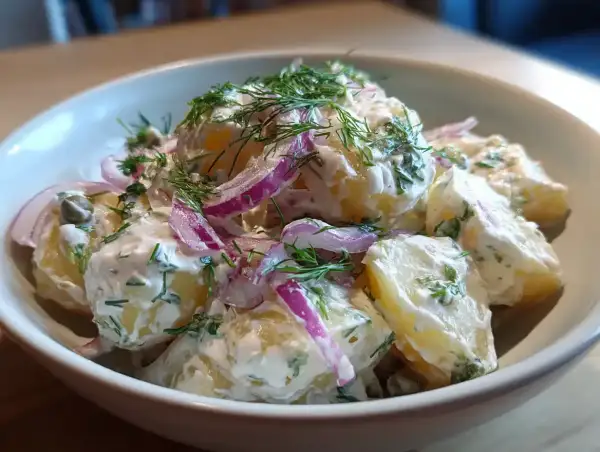 Krämig potatissallad med dill och rödlök, perfekt som tillbehör till grillat.