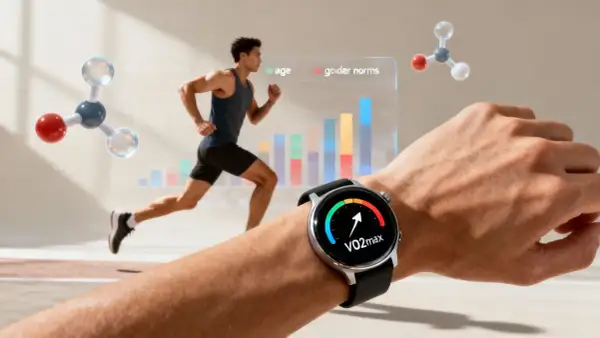 Ein Läufer im Hintergrund, eine Smartwatch am Handgelenk zeigt VO2max an. Die Uhr hilft zu verstehen, wie schnell man geht und wie die Leistung im Vergleich zu Alters- und Geschlechternormen ist.