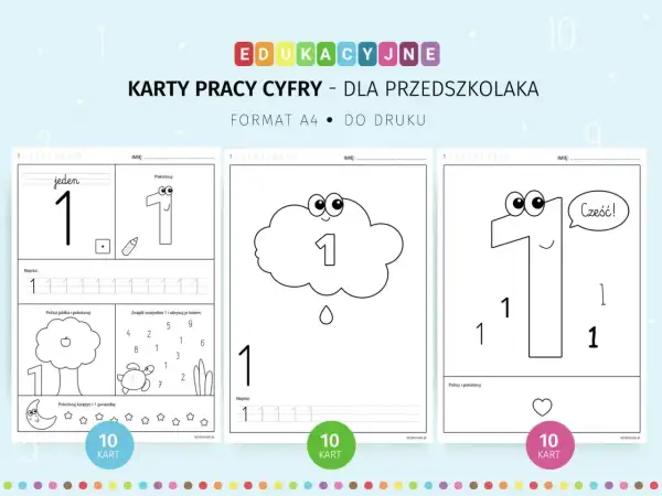 Karty pracy do druku z cyfrą 1 dla przedszkolaków. Ćwiczenia rozwijające motorykę małą: pisanie, kolorowanie, liczenie.