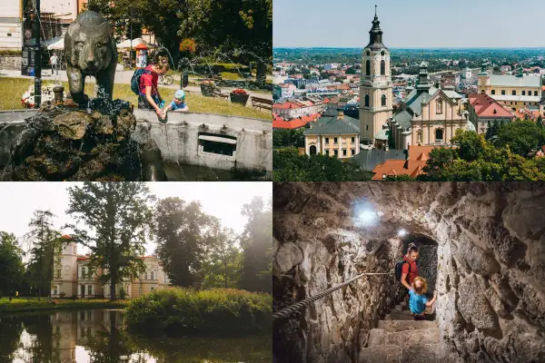 Ciekawe miejsca na rodzinne wycieczki: fontanna z niedźwiedziem, miasto z wieżą, pałac nad jeziorem i podziemne korytarze.
