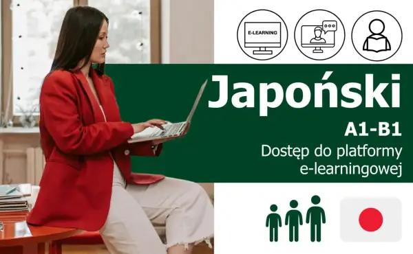 Kobieta uczy się japońskiego online. Kurs obejmuje poziomy A1-B1 i dostęp do platformy e-learningowej.