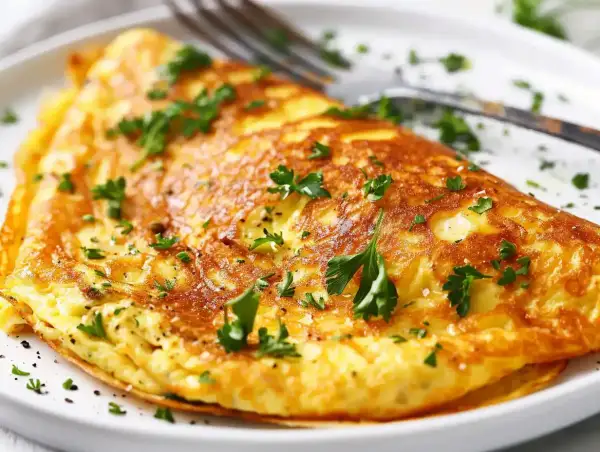 En gyllene omelett, perfekt för ett snabbt omelett recept, toppad med färsk persilja och serverad på en vit tallrik med en gaffel.