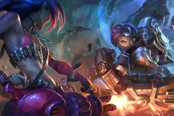 Dwie postacie damskie z League of Legends w akcji. Jinx i Vi walczą, wystrzeliwując pociski i używając swoich mechanicznych ramion.