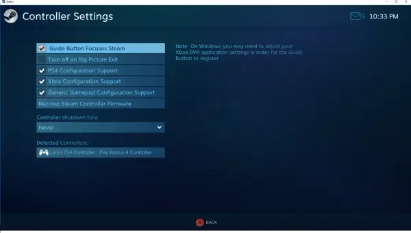 Ustawienia kontrolera Steam: zaznaczone opcje wsparcia dla kontrolerów PS4, Xbox i generycznych.