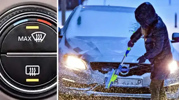 Klimatanläggningens reglage visar hur man ställer in temperatur i bilen på vintern. En person skrapar is från en snötäckt bil.