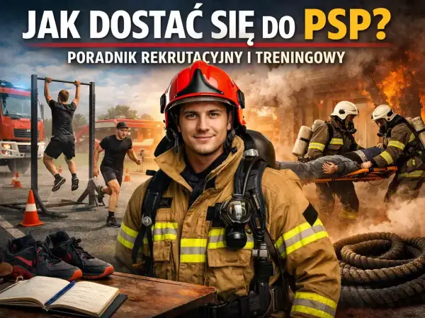 Chcesz wiedzieć, jak zostać strażakiem? Obraz pokazuje trening fizyczny, akcję ratunkową i sprzęt strażacki, wszystko co potrzebne do służby w PSP.