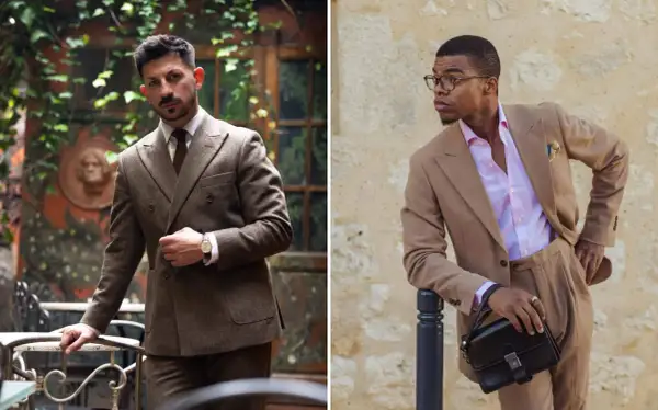 Zwei Männer in eleganten Anzügen. Einer trägt einen braunen Tweed-Anzug, der andere einen hellbraunen Leinenanzug mit pinkfarbenem Hemd. Vielfalt bei den Anzug Farben.