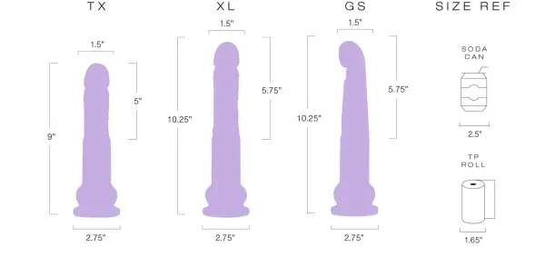Porównanie rozmiarów: TX (23 cm), XL (26 cm) i GS (26 cm). Obok puszka napoju i rolka papieru toaletowego.