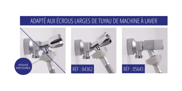 Robinet machine à laver chromé, avec adaptateur pour tuyau. Différents modèles présentés.