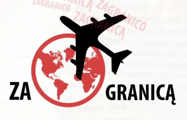 Samolot leci nad globusem. Napisy "ZA" i "GRANICĄ" sugerują podróż za granicę. Skąd dokąd?