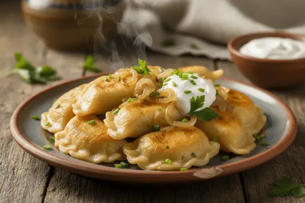 Dampfende Piroggen mit Zwiebeln, Petersilie und einem Klecks Sauerrahm. Ein köstliches Piroggen Rezept zum Nachmachen.