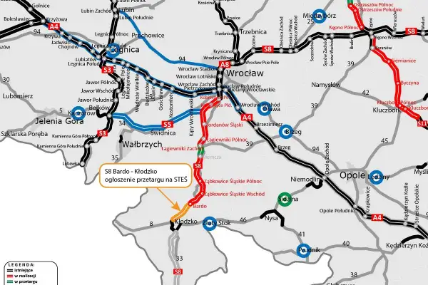 Mapa drogowa Dolnego Śląska z zaznaczonymi drogami ekspresowymi i autostradami.