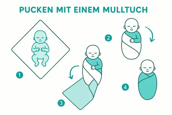 Schritt-für-Schritt-Anleitung: Ein Baby mit einem Mulltuch sicher pucken. So wickelst du dein Kleines gemütlich ein.