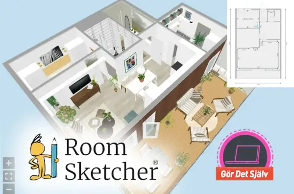 En 3D-vy av ett hus med möbler och en planlösning. Ett ritprogram för hus som hjälper dig att skapa ditt drömhem.