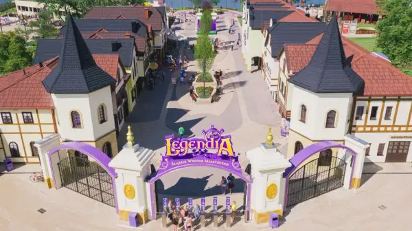Wejście do Legendii, Śląskiego Wesołego Miasteczka w Chorzowie. Kolorowa brama z napisem zaprasza do zabawy.