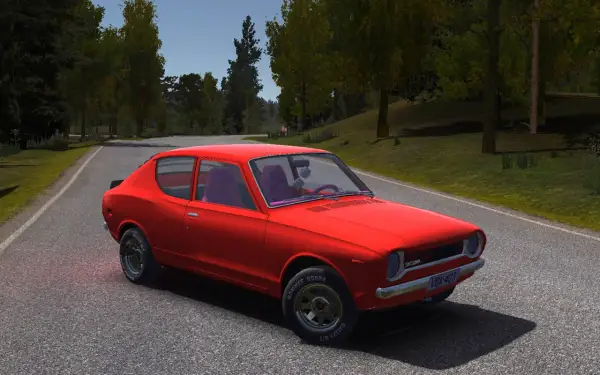 Czerwony, klasyczny samochód na letniej drodze, gotowy na przygodę w grze "my summer car".