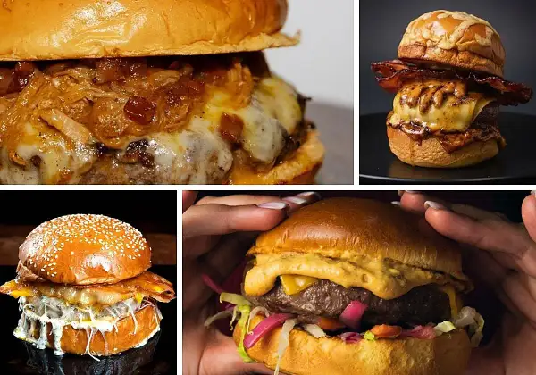 Cuatro deliciosas hamburguesas, cada una un campeón de sabor, con queso derretido, tocino crujiente y cebolla caramelizada.