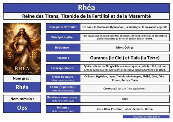 Rhéa, mère de Zeus, reine des Titans, représentée avec des lions et un tambourin, symbolisant la fertilité et la maternité.