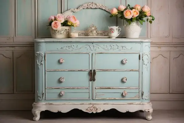 Comò azzurro con maniglie a forma di rosa, decorazioni floreali e un delizioso effetto shabby.