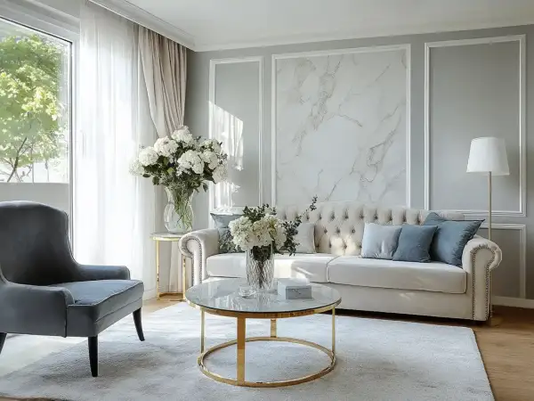 Elegancki salon z sofą i fotelem. Inspiracja na to, jak zrobić ścianę w salonie z efektem marmuru.