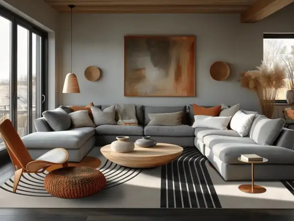 En modern lounge med en stor grå soffa, ett runt träbord och en abstrakt tavla som en statement piece.