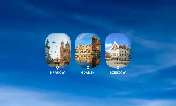 Trzy okrągłe zdjęcia polskich miast: Kraków, Gdańsk i Rzeszów, na tle niebieskiego nieba.