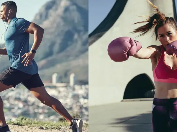Man running outdoors, woman boxing. Both activities are great for burning calories.