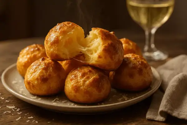 Gougeres au fromage chauds et filants, prêts à être dégustés avec un verre de vin blanc.