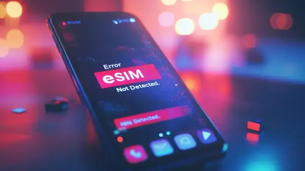 Un smartphone affiche un message d'erreur "eSIM Not Detected". La carte e-SIM semble avoir un problème.