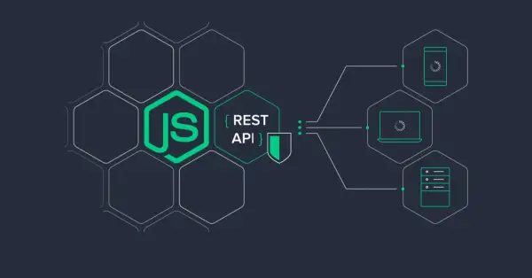 Illustration d'un logo Node.js et d'une API REST sécurisée, connectée à des appareils comme un téléphone, un ordinateur portable et un serveur. Idéal pour un tuto Node.js.