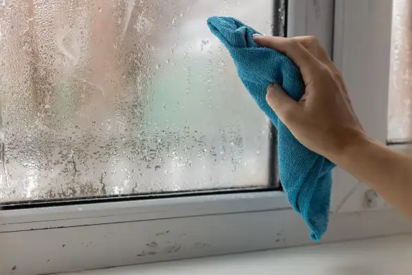 Dłoń z niebieską ściereczką wyciera zaparowane okno, walcząc z wilgocią w domu.