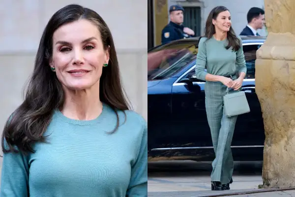 Królowa Letizia w stylizacji w odcieniach turkusowego koloru z czym łączyć? Elegancki zestaw z zieloną kratą i torebką.