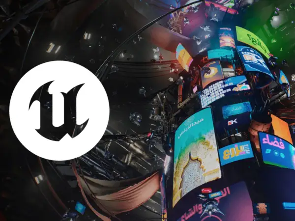 Logo Unreal Engine 6 na tle futurystycznego miasta z neonowymi reklamami i latającymi dronami.