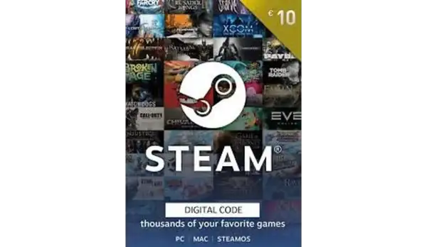 Karta podarunkowa Steam z logo i okładkami gier, o wartości 10 €.