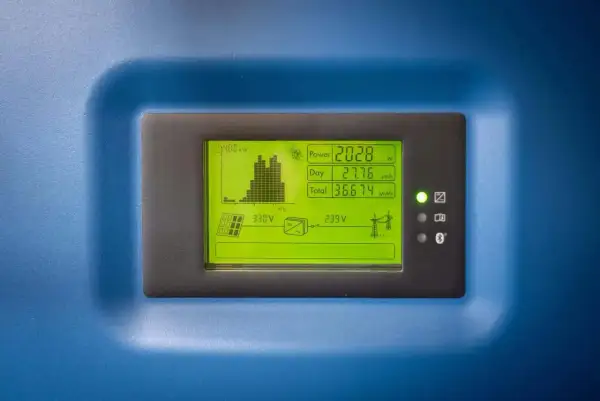 Wyświetlacz falownika pokazuje moc 2028W, dzienną produkcję 27.76 kWh i całkowitą 36.674 MWh. Widać wykres produkcji i symbole paneli słonecznych.